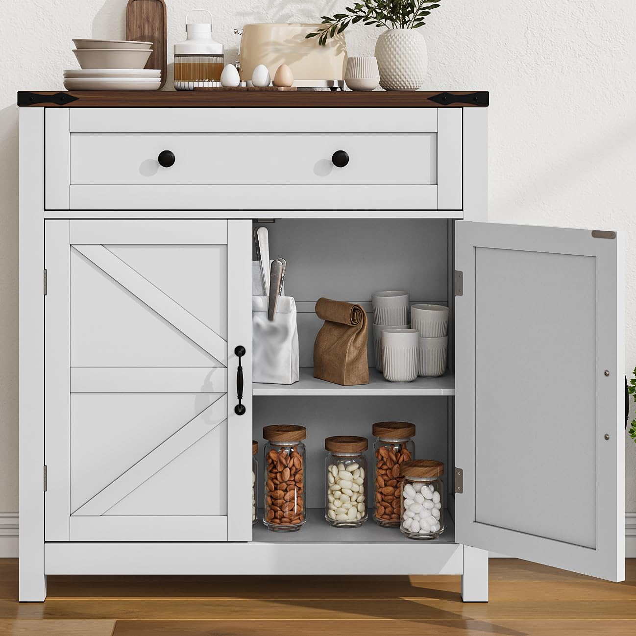 Farmhouse Storage Cabinet with 2 Doors, White Kitchen Cabinet with Walnut Countertop, Freestanding Floor Storage Cabinets Hutch Cupboard