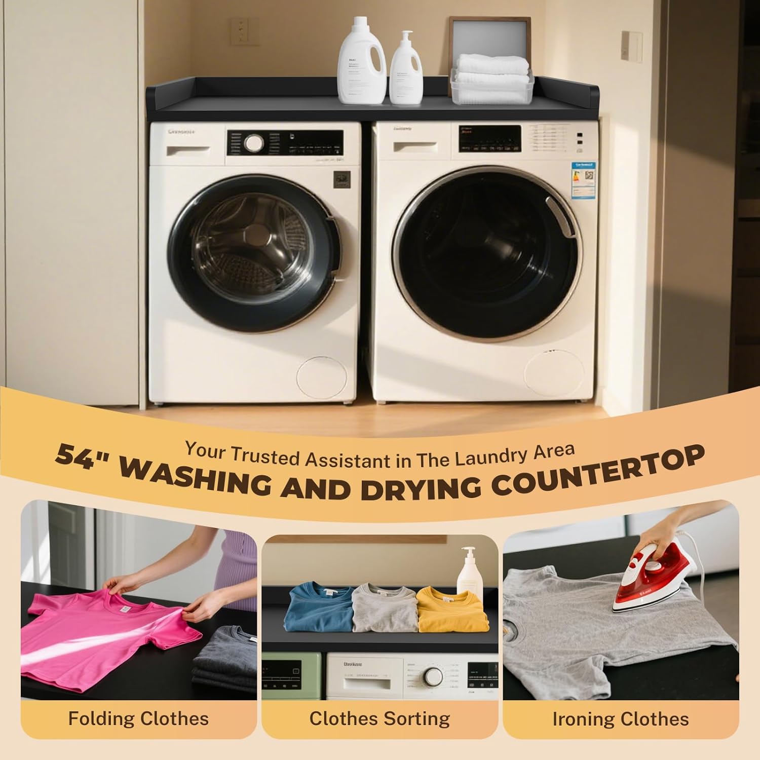 FAHKNS Washer Dryer Countertop - Wood Laundry Washer Dryer Topper with Anti-Slip Mat, 54