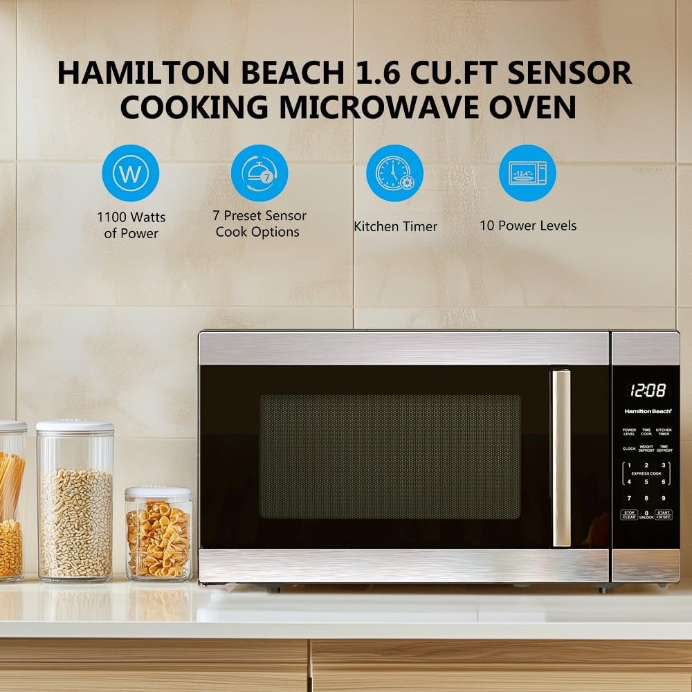 Hamiltan Beach 1.6 Cu Ft Sensor Cook Countertop Microwave Oven, Stainless Steel