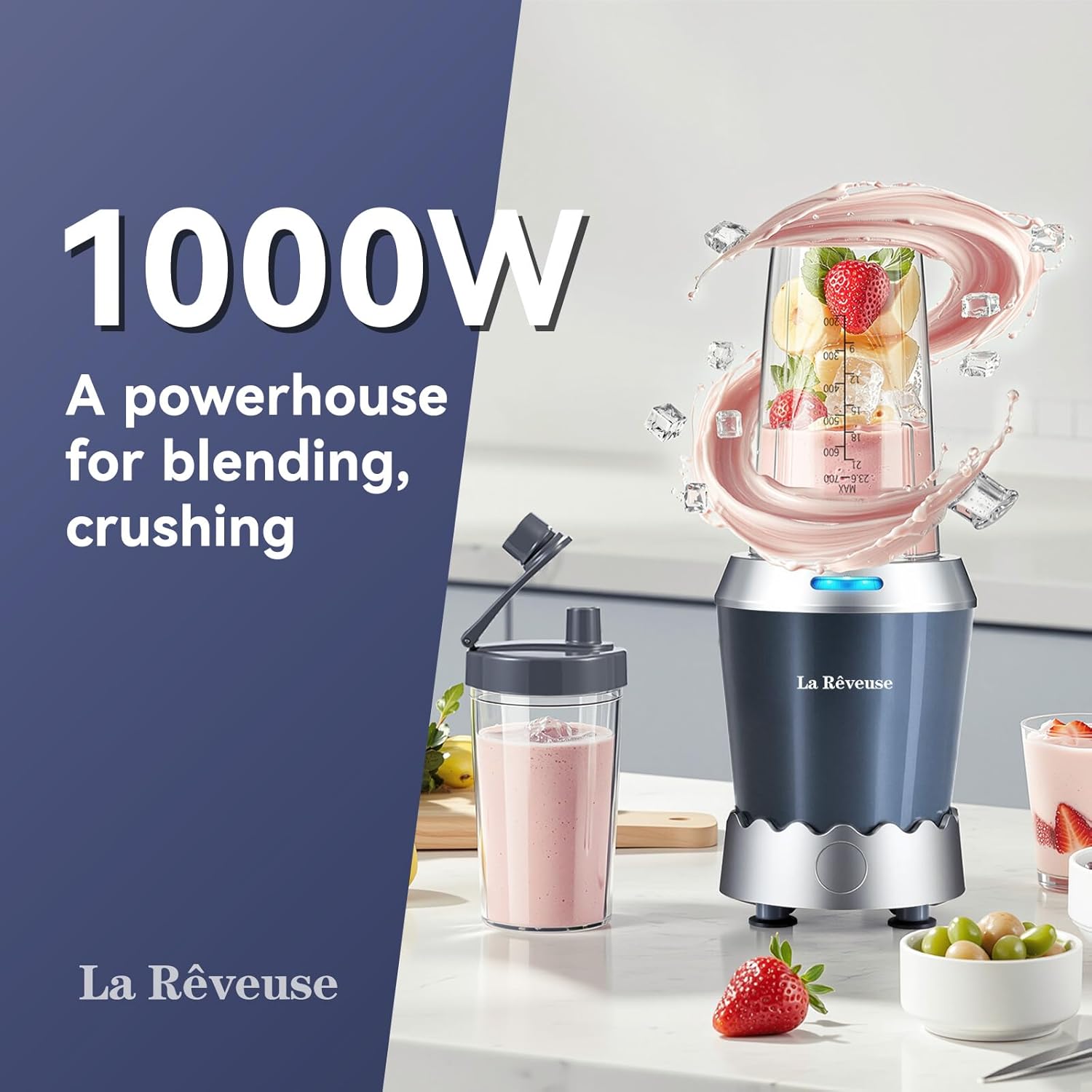 La Reveuse Smoothie Blender Pro, 1000W with 24oz / 18oz To-Go Cups Ideal for Smoothies,Protein Shakes, Frozen Drinks, Food Prep