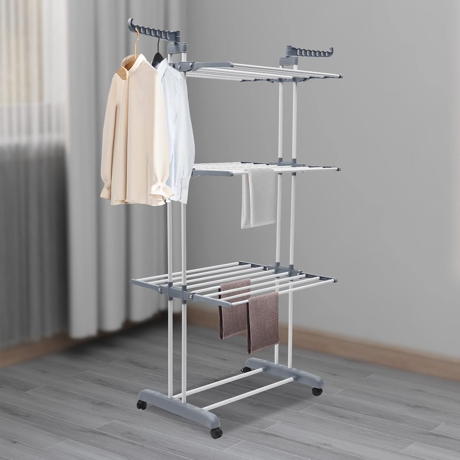 4-Tier Gray Foldable Clothes Drying Rack Rolling Dryer Hanger Stand Outdoor Washing Line Clothes Dryer Storage Rack Metal Laundry Garment Dryer Stand with 2 Side Wings, Bedroom Balcony Use (Gray)