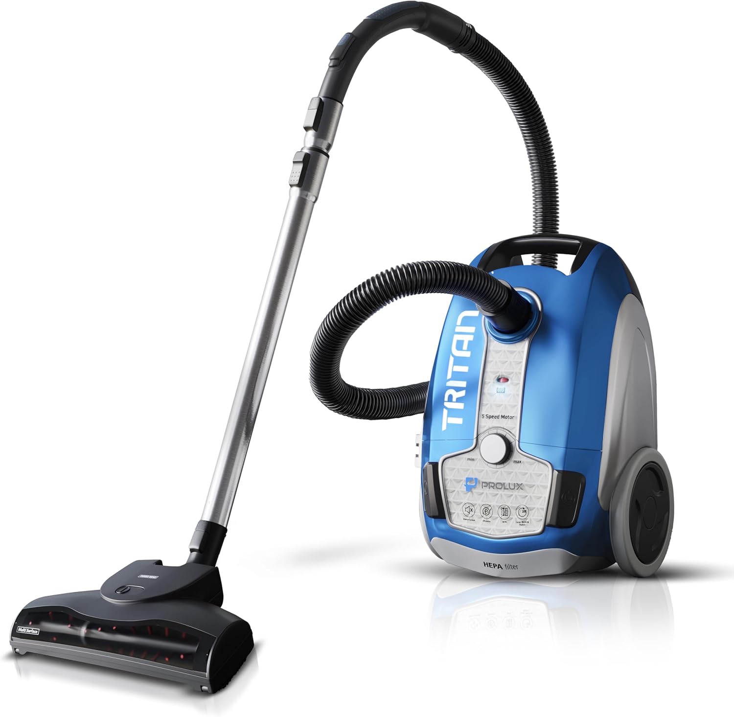Prolux Tritan Bagged Canister Vacuum Cleaner, HEPA Filtration, Complete Home Care Tool Kit, Pet Hair No More, Adjustable Power Setting, Blue