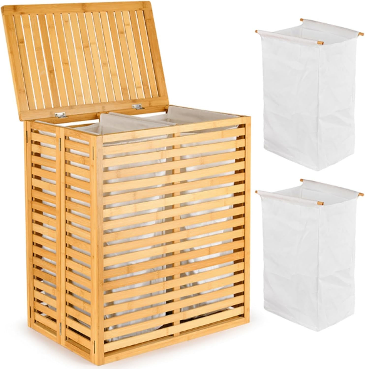 Bamboo Laundry Hamper with Lid – Foldable Clothes Basket with 2-Section Removable Liner Bag, Space-Saving Laundry Sorter for Bathroom, Bedroom, and Laundry Room (Natural, 21.69”L x 13.85”W x 25.39”H)