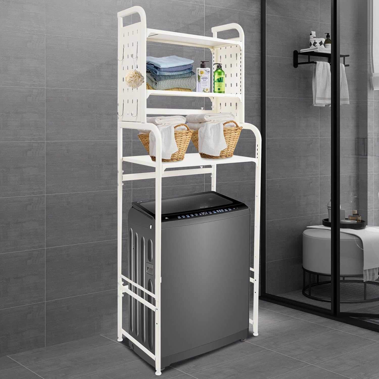 3 Tier Over The Washer and Dryer Storage Shelf, Height Adjustable Heavy Duty Laundry Room Organizer, Bathroom Storage Rack with Hook & Hanging Rod, Space Saving Standing Shelf (White)
