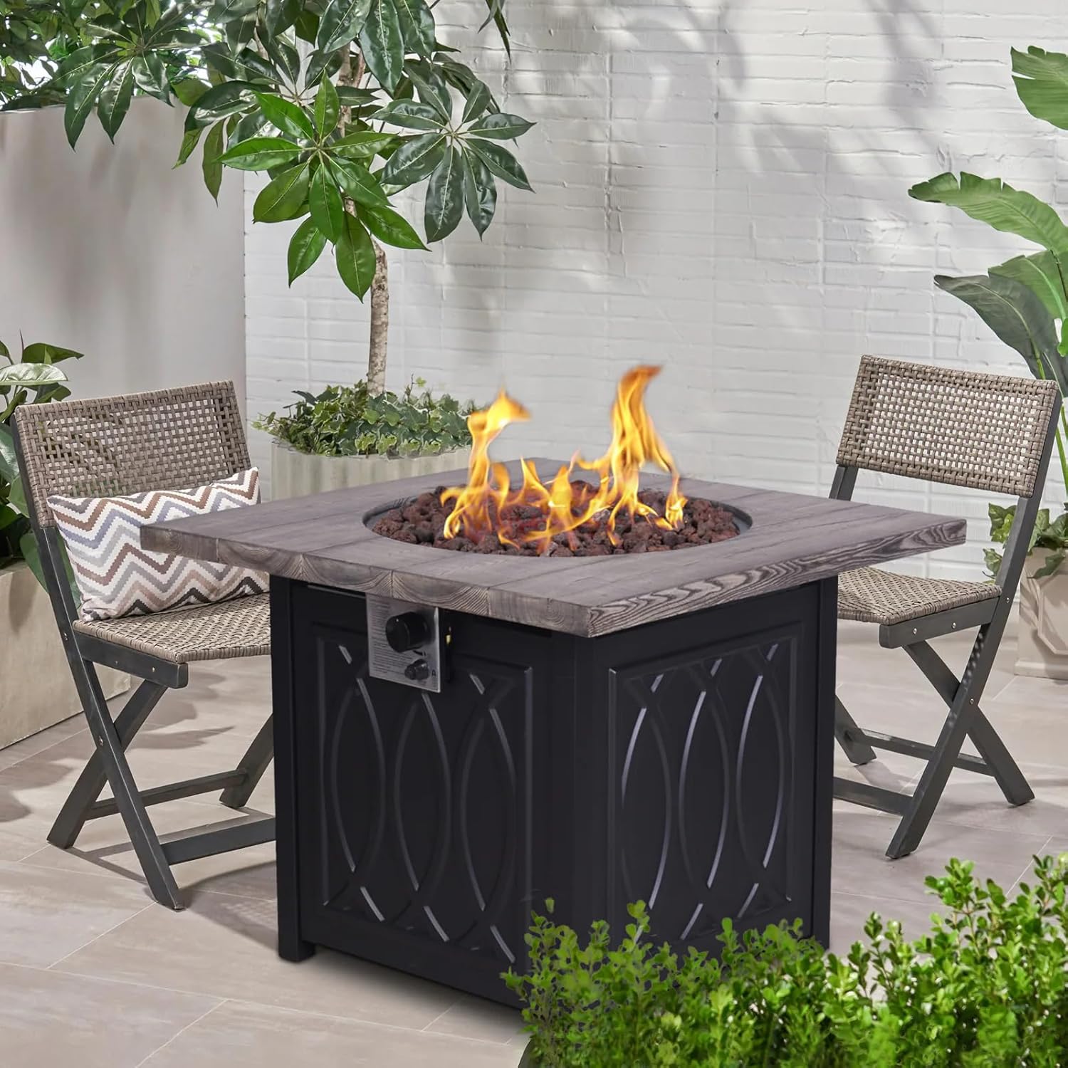 32 Inch Faux Woodgrain Table top and Steel Base Propane Outdoor Fire Pit Table with Lid