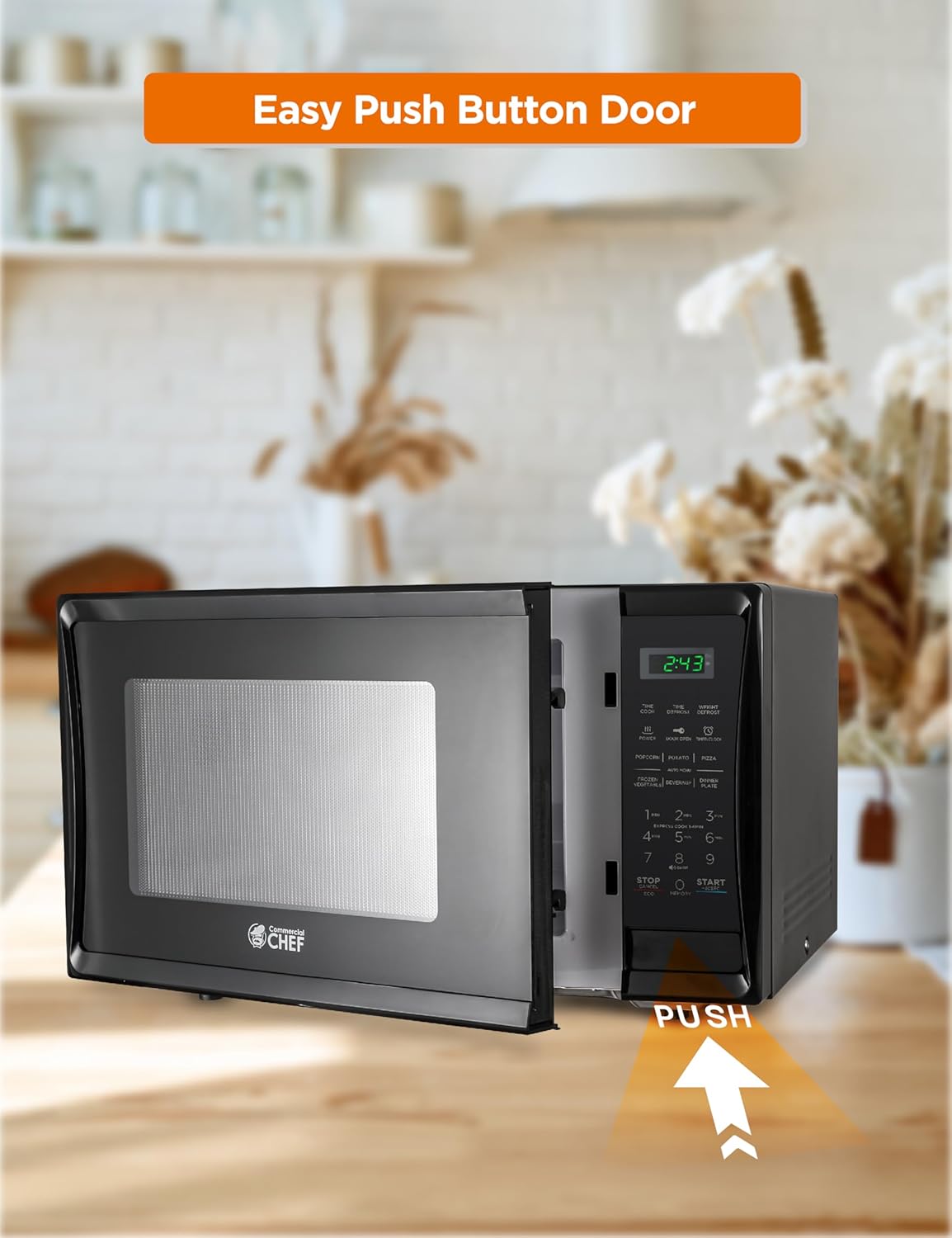 COMMERCIAL CHEF 1.1 Cu Ft Microwave with 10 Power Levels, Microwave 1000W with Push Button Door Lock, Countertop Microwave with Microwave Turntable and Digital Controls, Black