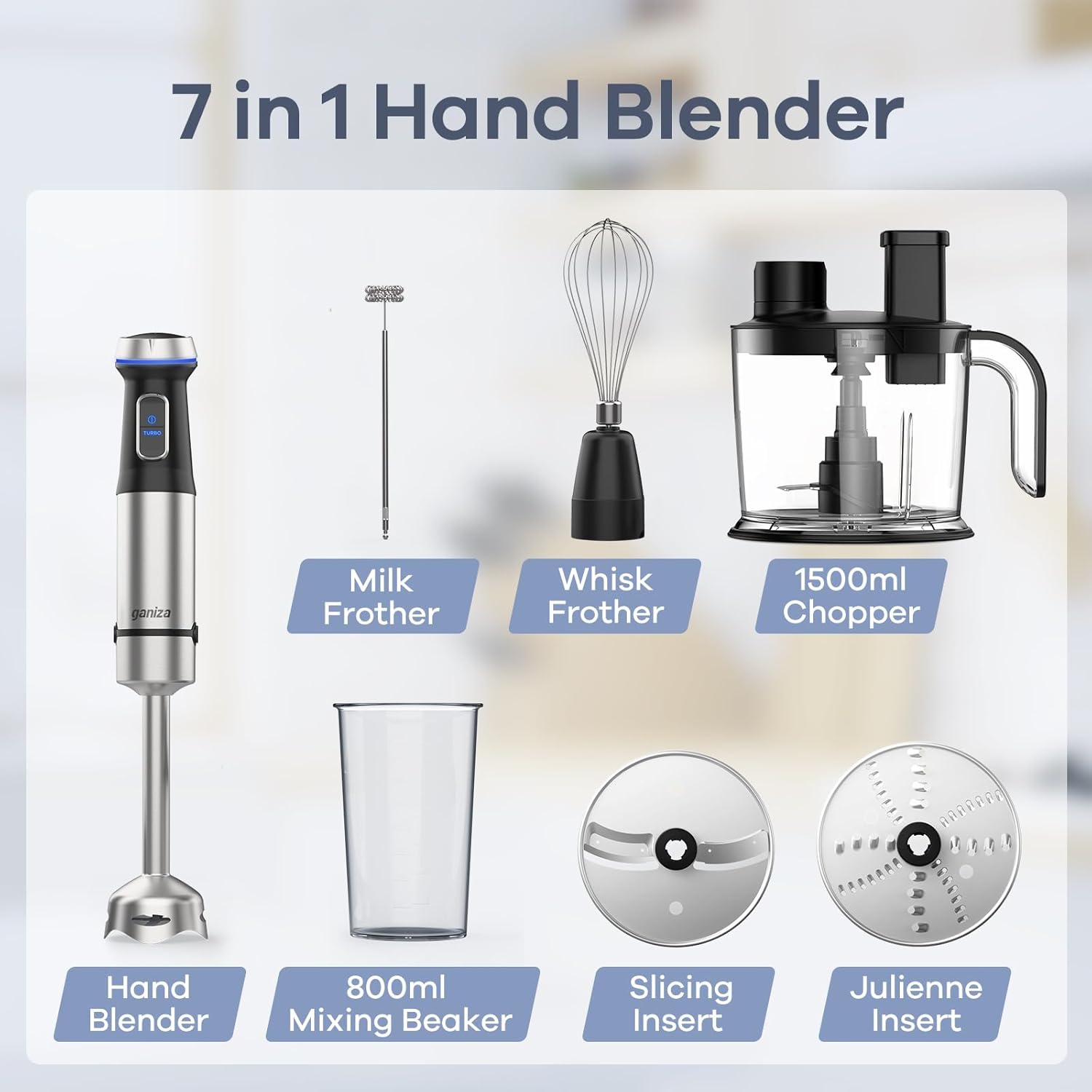 Ganiza Immersion Hand Blender 7 in 1 - Max 1000W Heavy Duty Motor, 15 Speed and Turbo Mode With 1500ml Food Processor and 6 Pieces