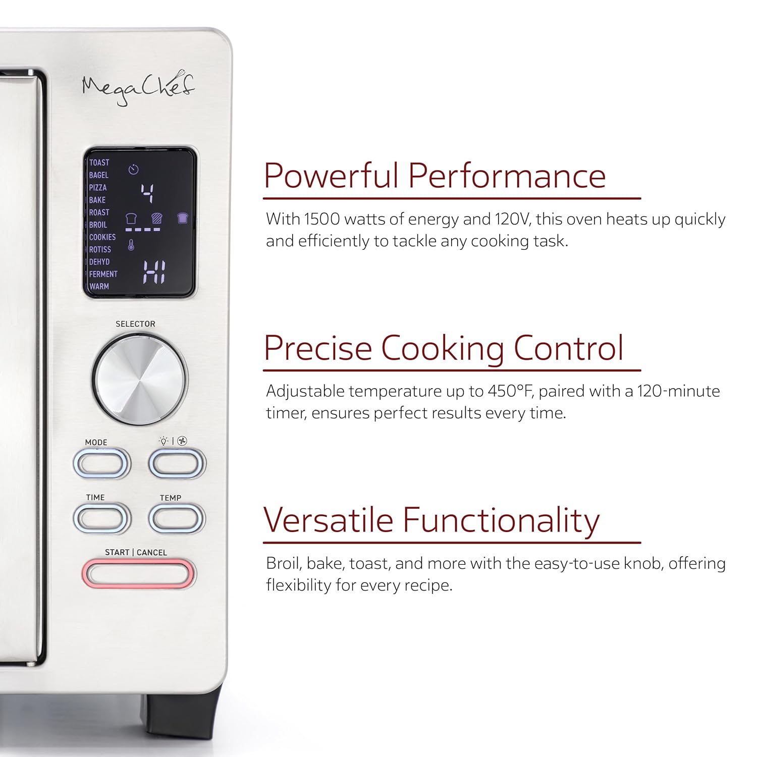 MegaChef 30 Quart Digital French Door Multi-Function Convection Toaster Oven with Rotisserie Set & Toast, Bagel, Pizza, Bake, Roast, Broil, Cookies, Dehydrate & More Presets