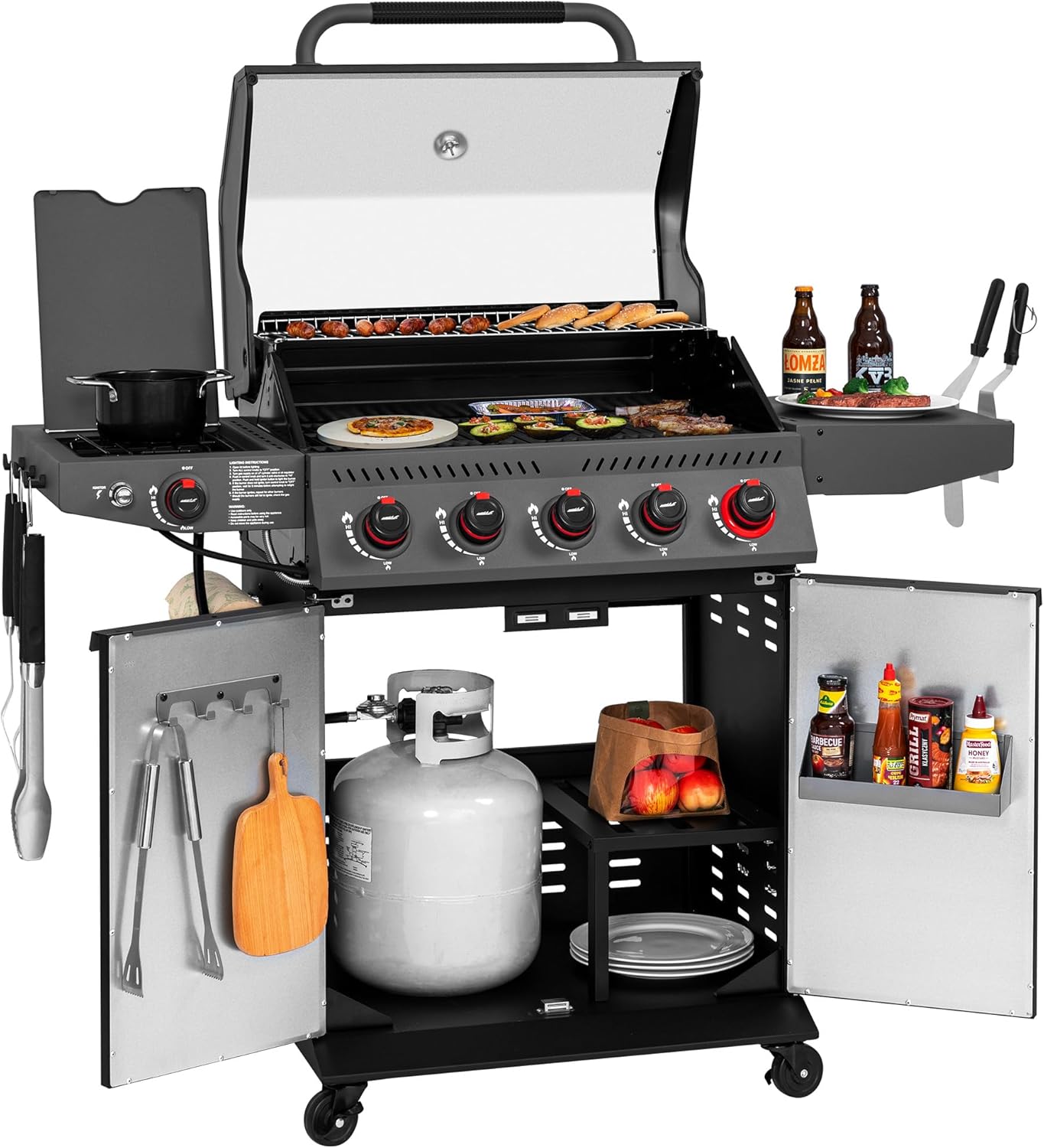 5-Burner Propane Gas Grill with Sear Burner and Side Burner, 64,000 BTU, Cabinet Style BBQ Grill for Outdoor Grilling and Backyard Cooking, Black, GA5407H-SC