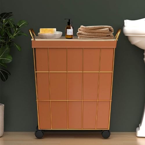 Iron Wire Laundry Hamper on Wheels Rolling Laundry Basket w/Leather Liner Bag & Handle Gold Metal Frame Laundry Sorter w/Lid for Bedroom Washing Basket (White 45x32x56cm)