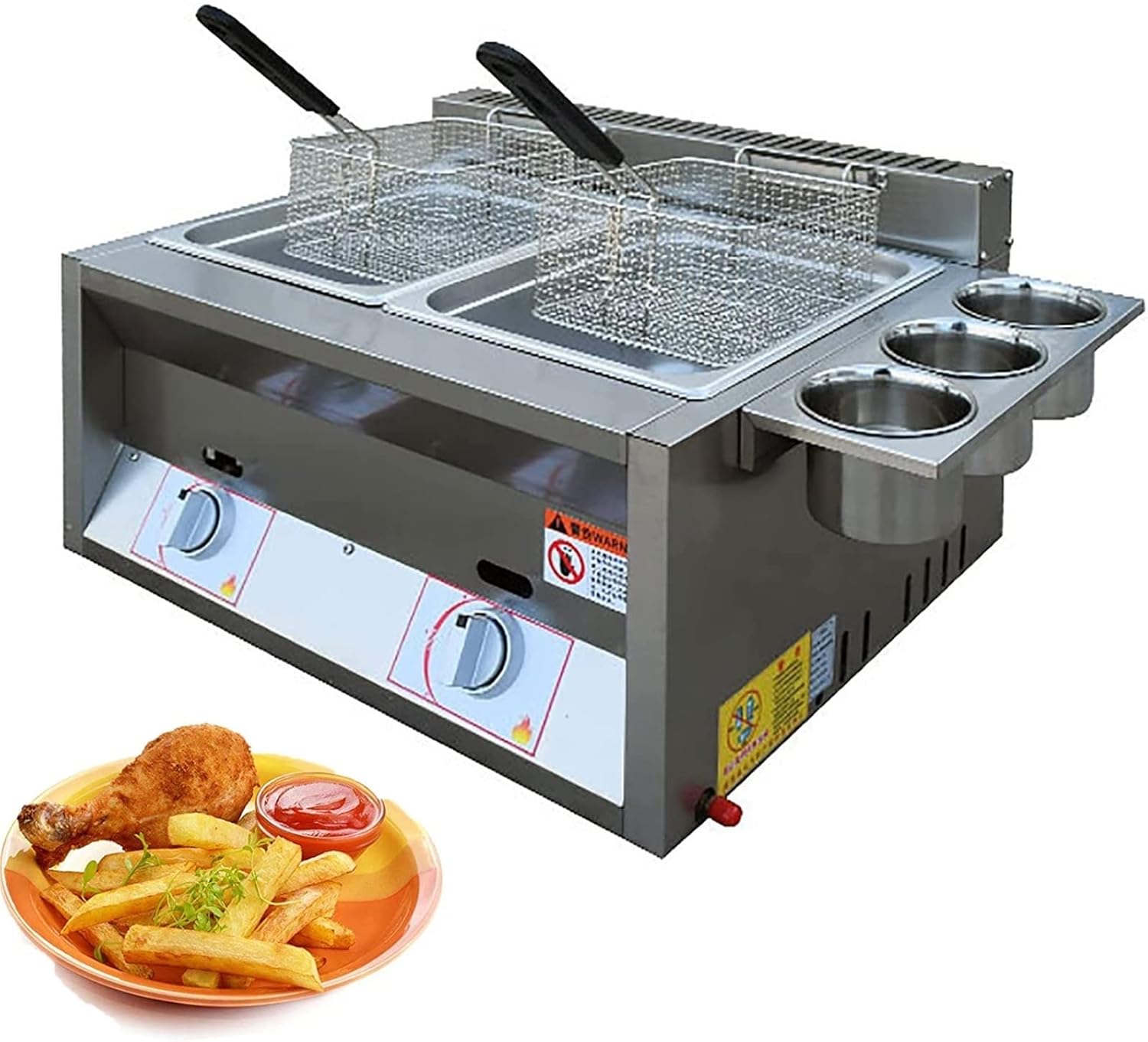 6L/6L+6L Deep Gas Fryer with Basket, Commercial LPG Gas Deep Fryer, Stainless Steel Material, for French Fries Restaurant Home Kitchen（6L+6L+2*Fried Basket）