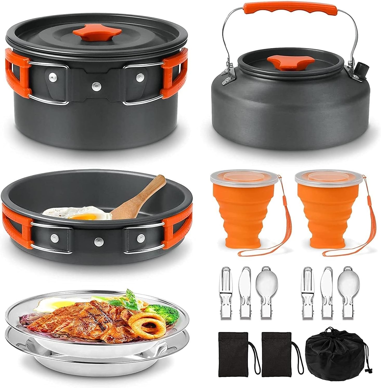 Camping Cookware Mess Kit with Kettle, Pot, Pan, 2 Plates, 2 Foldable Cups 2 Fork Spoon Kits, 18PCS Outdoor Ultralight Lightweight Camping Cooking Set for Backpacking Hiking Picnic Fishing