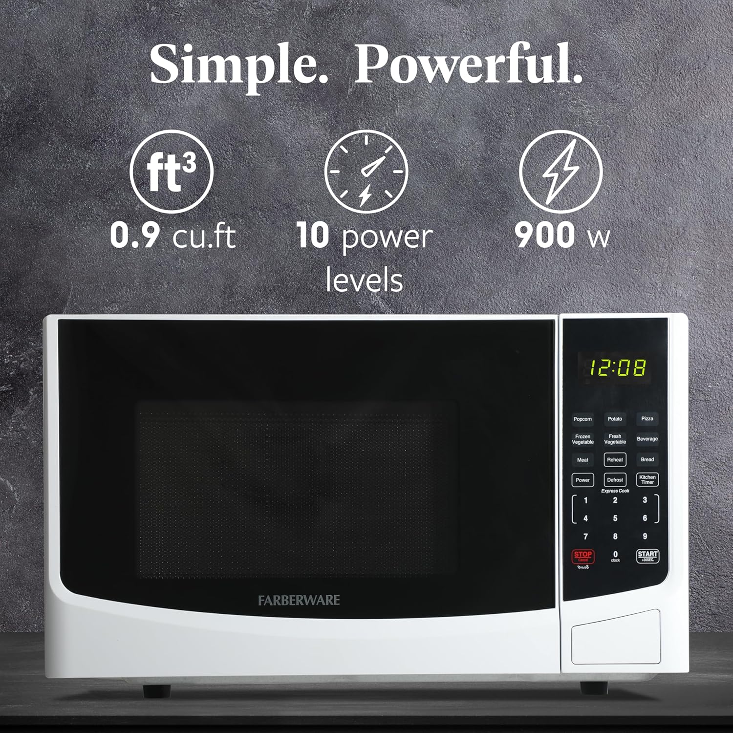 Farberware 0.9 Cu. Ft. Countertop Microwave Oven – 900W Power, Auto Cook Settings, Defrost, and Safety Lock – White