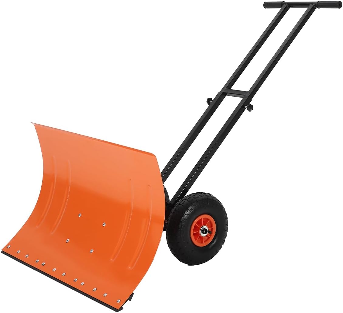 Wheeled Snow Shovel Pusher - Heavy Duty Steel Push Plow with Adjustable Handle Efficient Snow Removal Angle Settings for Driveways Sidewalks Orange