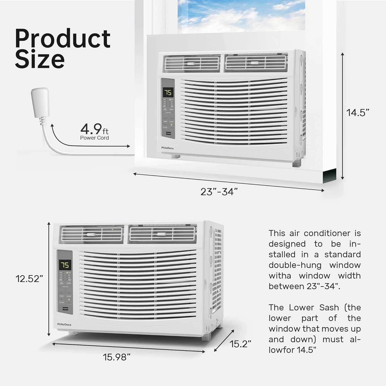 PhiloDeco Window Air Conditioner, 6000 BTU, White, LED Display, Remote Control, Dehumidifier, Fan, Quiet Operation, Energy-Saving, Covers 250 Sq Ft