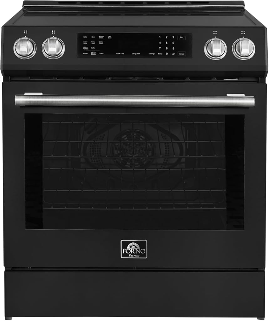 Forno Donatello 30-Inch Freestanding Induction Range, 5.0 cu.ft. Capacity – Stainless Steel with Antique Brass & Stainless Handle – LED Screen, 4 Radiant Elements, Convection Oven – Model FFRBI6468-30