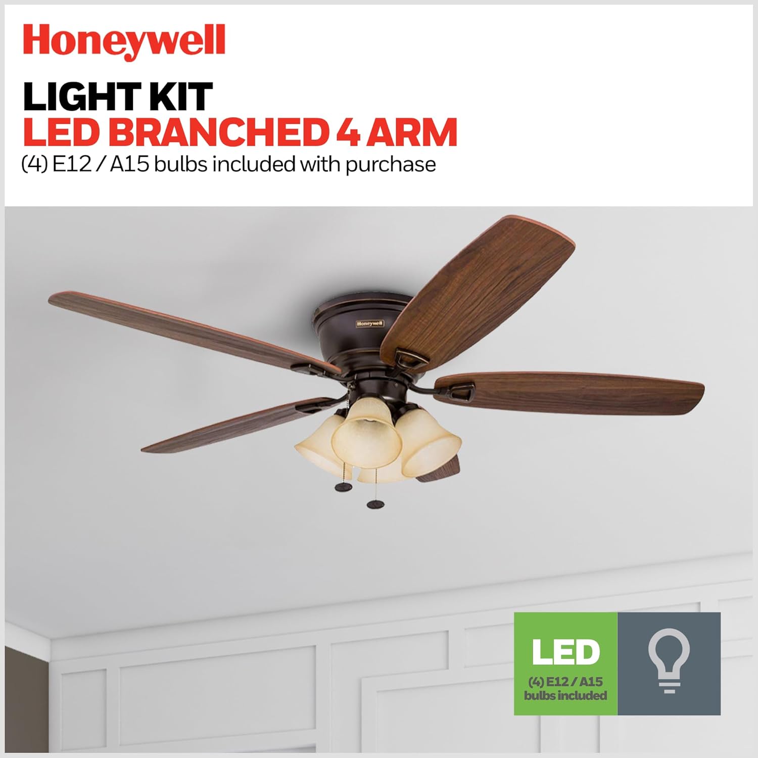 Honeywell Ceiling Fans Glen Alden, 52 Inch Classic Flush Mount Indoor LED Ceiling Fan with Light, Pull Chain, Quick-2-Hang Dual Finish Blades, Reversible Motor - 50183 (Oil Rubbed Bronze)