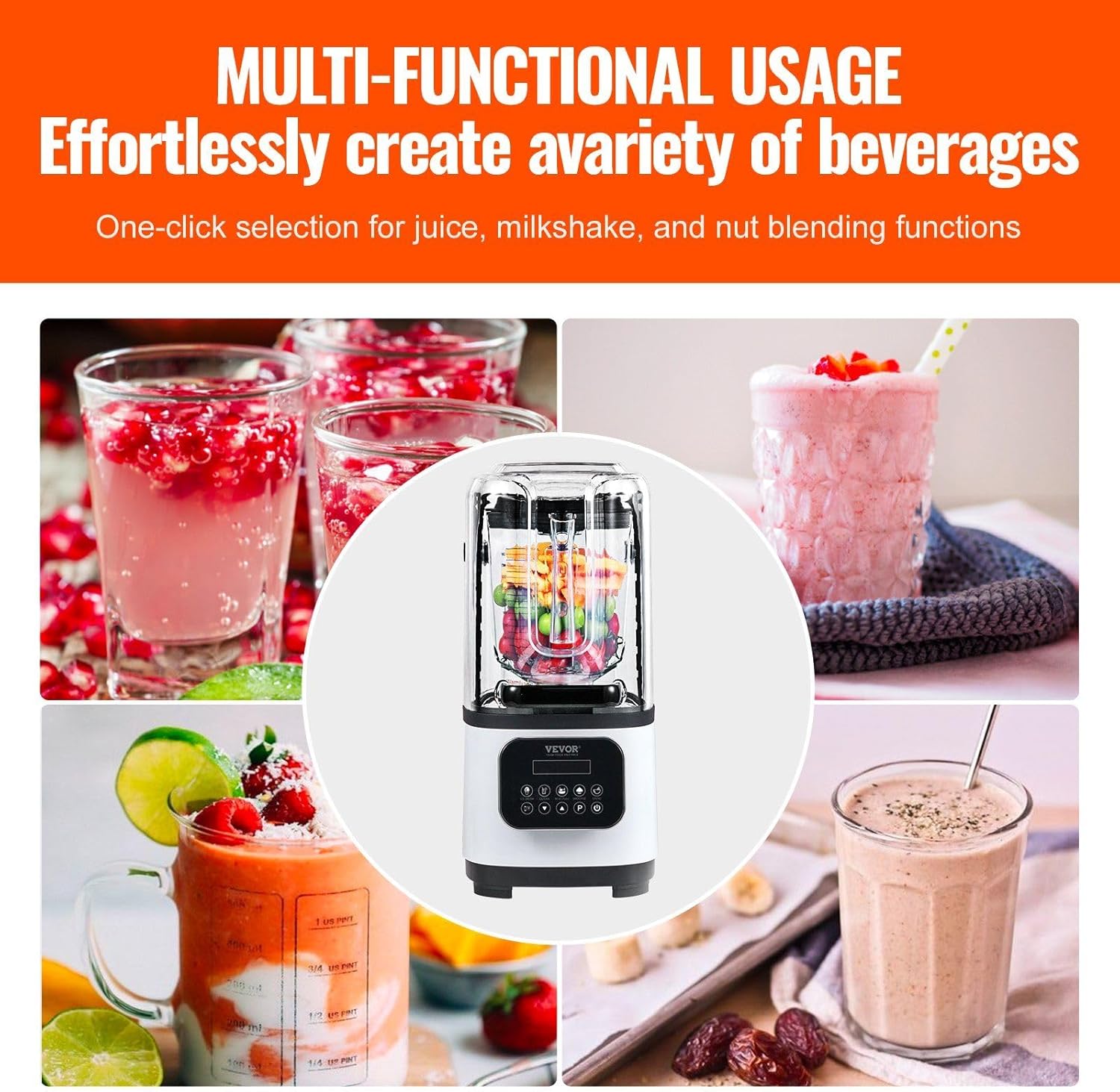 Professional with Shield, Commercial Countertop Blenders, 68 oz Jar Combo, Stainless Steel 9 Speed & 5 Functions, for Shakes, Smoothies, Peree, and Crush Ice, White