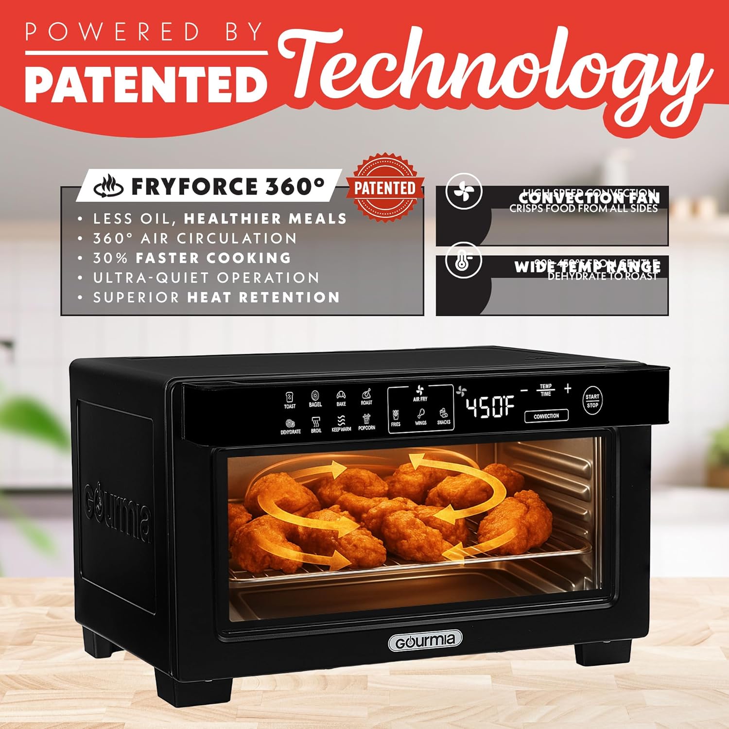 Gourmia Toaster Oven Digital Air Fryer - Convection Mode with 4 Slice Capacity, 3 Rack Positions, 12 Presets, Toast, Bagel, Bake, Roast, Broil, Dehydrate, Popcorn, Fits 9