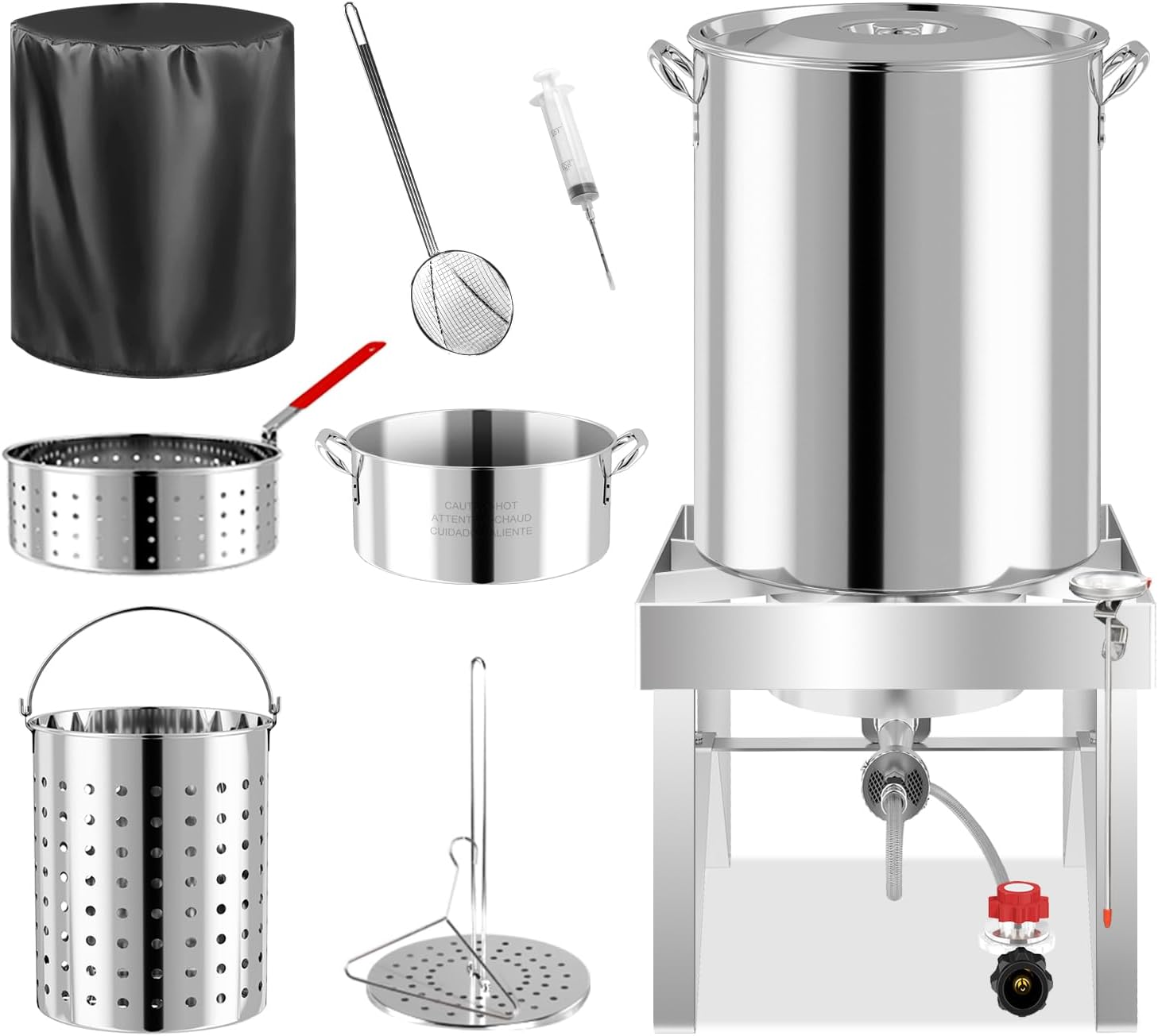 Stainless Steel Turkey Fryer Kit with Dust Cover | 30 & 10QT Pots |Outdoor Deep Fryers with Basket and Burner | Propane Stove | 50,000BTU Output | 12-inch Skimmer | Ideal for Cooking Turkey & Fish