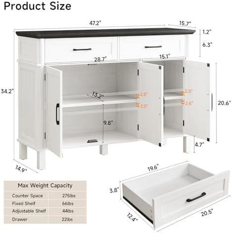 48 Inches Buffet Cabinet with Storage, Farmhouse Sideboard Buffet w/2 Drawers and 3 Doors, Wood Coffee Bar Cabinet with Adjustable Shelves, Sideboard Storage for Kitchen, Living Room, Off White&Black