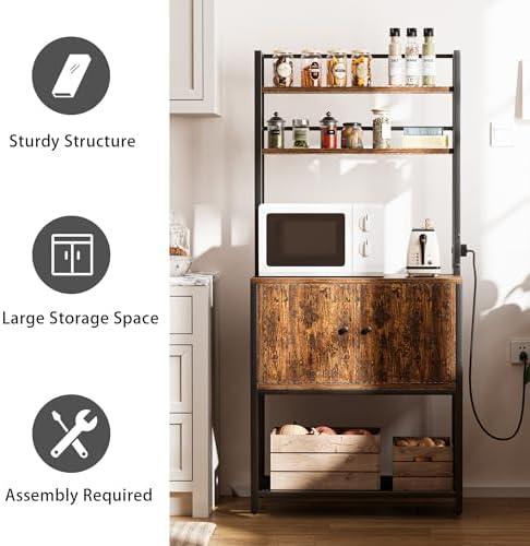 Bakers Rack with Power Outlet, Microwave Oven Stand with Storage，4 Tiers, Coffee Bar Table, Kitchen Storage Shelf Rack for Spices, Pots, Kitchen Dining Room, Rustic Brown