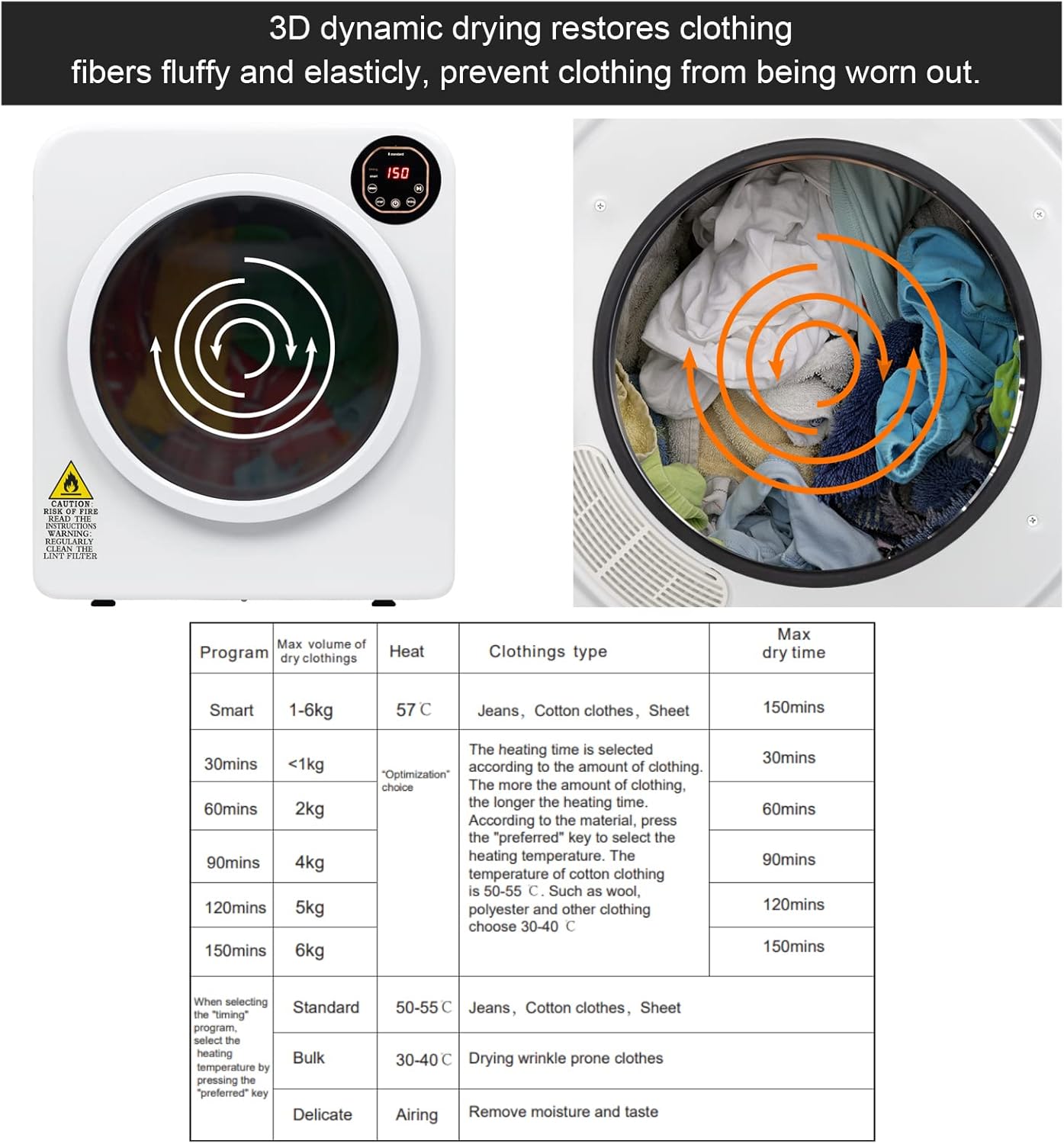 Generic 13.2Ibs 6kg White Portable Electric Compact Laundry Clothes Dryer with Stainless Steel Tub, 6kg Capacity, 1300W Power, 6 Drying Modes, LED Display, Apartment, Home, Dorm