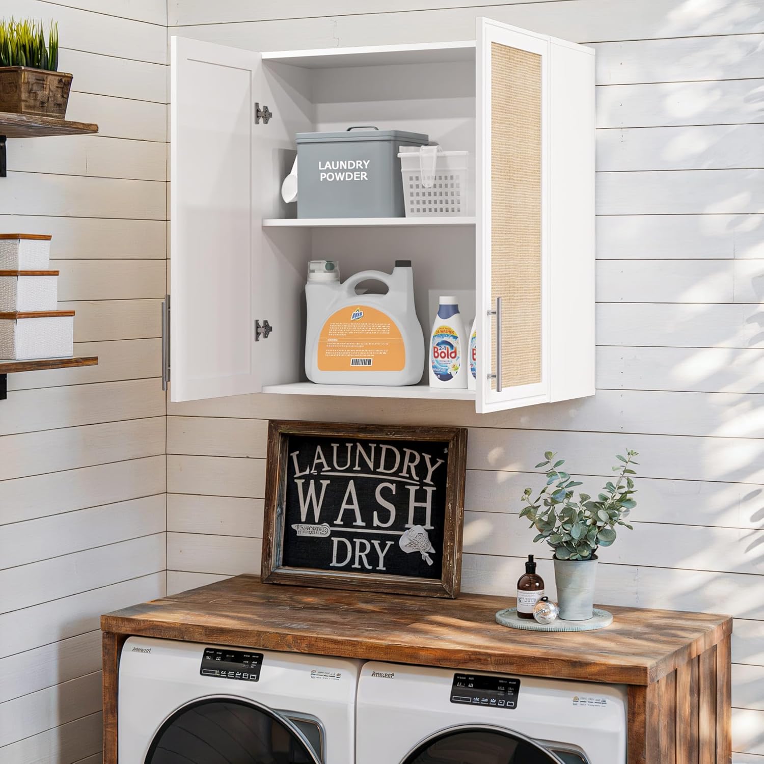 29.5’’ Laundry Room Cabinets, Wall Mounted Cabinet with Rattan Doors and Adjustable Shelf, Kitchen Wall Cabinet, Bathroom Wall Cabinet, Upper Cabinet for Laundry, White