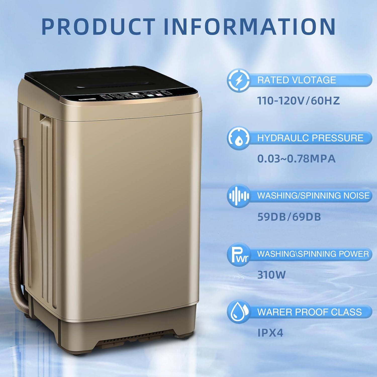 15.6lbs Full-Automatic Washing Machine, Portable Compact Laundry Washer with Drain Pump, 10 Programs 8 Water Levels with LED Display for RV, Camping, Apartment, Dorm, GOLD