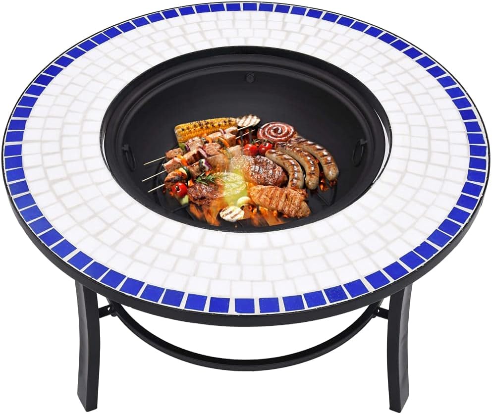 Mosaic Fire Pit Blue and White Steel Fire Pit Bowl with Grid and Tabletop for Outdoor Heating and BBQ Use 26.8
