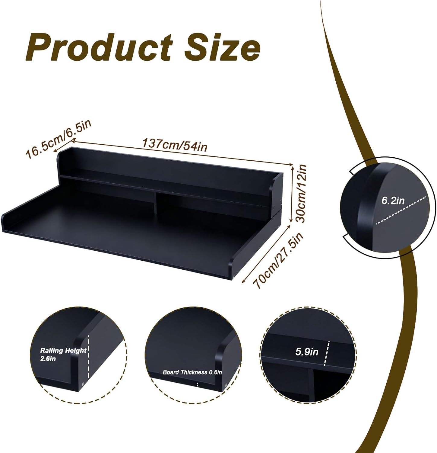 2-Tier Washer Dryer Countertop Washing Machine and Dryer toppe Wood Washer Dryer Counter with Shelf Laundry Countertops with Non-Slip Mat,for Folding Clothes,Black,L54×W27.5×H12