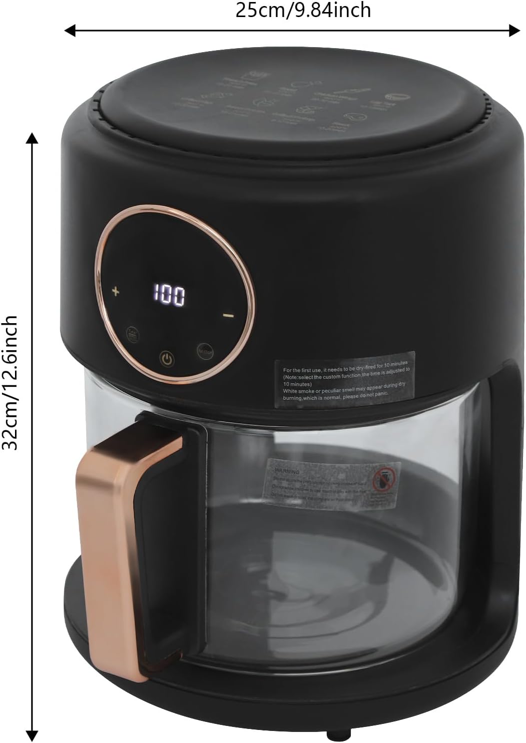Glass Air Fryer 6-IN-1 3.8QT Air Fryer with Transparent Glass Fry Bowl Temperature Control 80℃-200℃ Adjustable Temp 60 Min Timer for Steak Fries Chicken (Black)