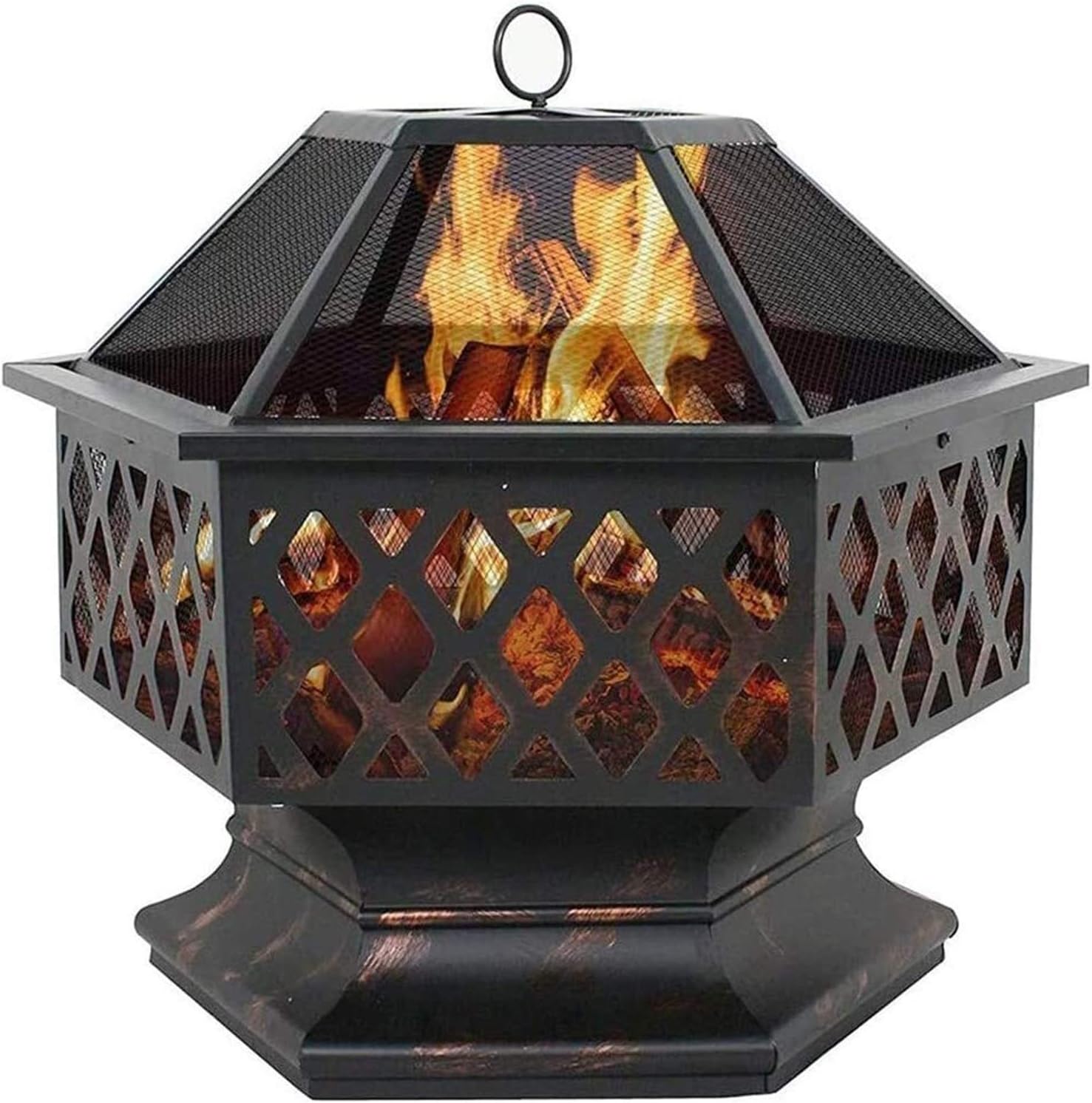 Outdoor Fire Pit 25-Inch Outdoor Fire Pit with Mesh Screen and Poker Hex Shaped Metal Wood Burning Bonfire Pit for Outdoor Camping