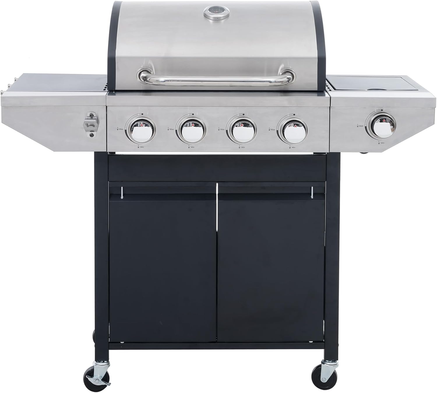 Propane Grill 4 Burner Grill Stainless Steel Gas Grill with Side Burner and Thermometer One Touch Electronic Ignition System with Four Wheels for Outdoor BBQ, Camping