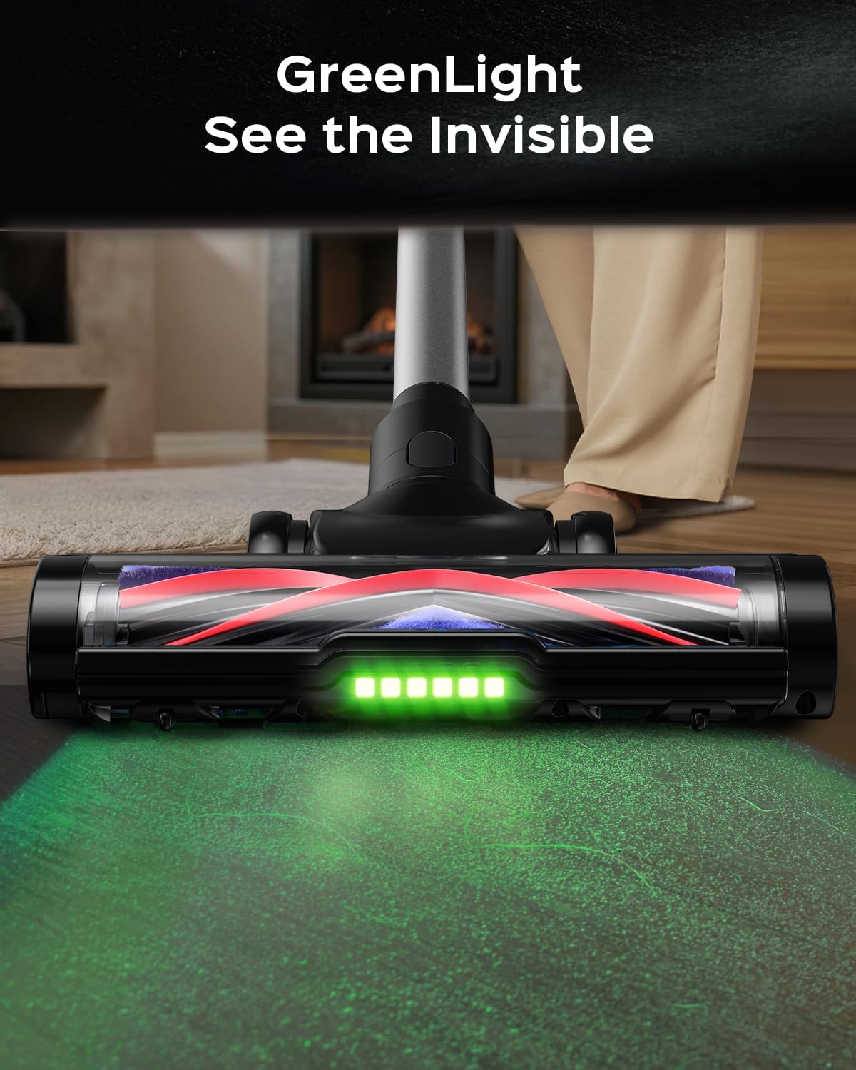 Cordless Stick Vacuum Cleaner – 3-in-1 Brush Roll for Hard Floors and Carpets, 55 Min Runtime Rechargeable Lightweight Vacuum with Green LED Headlight for Pet Hair and Dust Cleaning