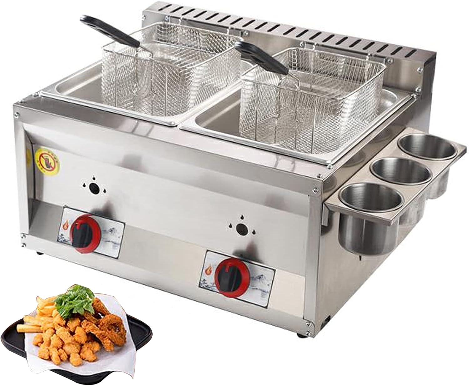 20L Large Capacity Gas Fryer, Stainless Steel LPG Fryer for Home and Commercial, Adjustable Firepower, with Baskets and Lids, for Chips Donuts Fish, Easy Clean