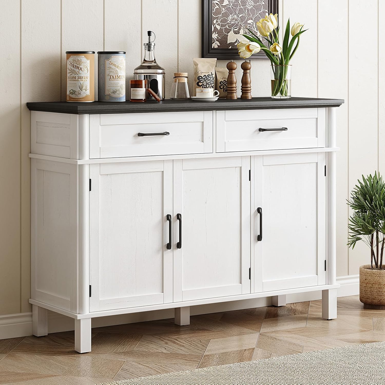48 Inches Buffet Cabinet with Storage, Farmhouse Sideboard Buffet w/2 Drawers and 3 Doors, Wood Coffee Bar Cabinet with Adjustable Shelves, Sideboard Storage for Kitchen, Living Room, Off White&Black