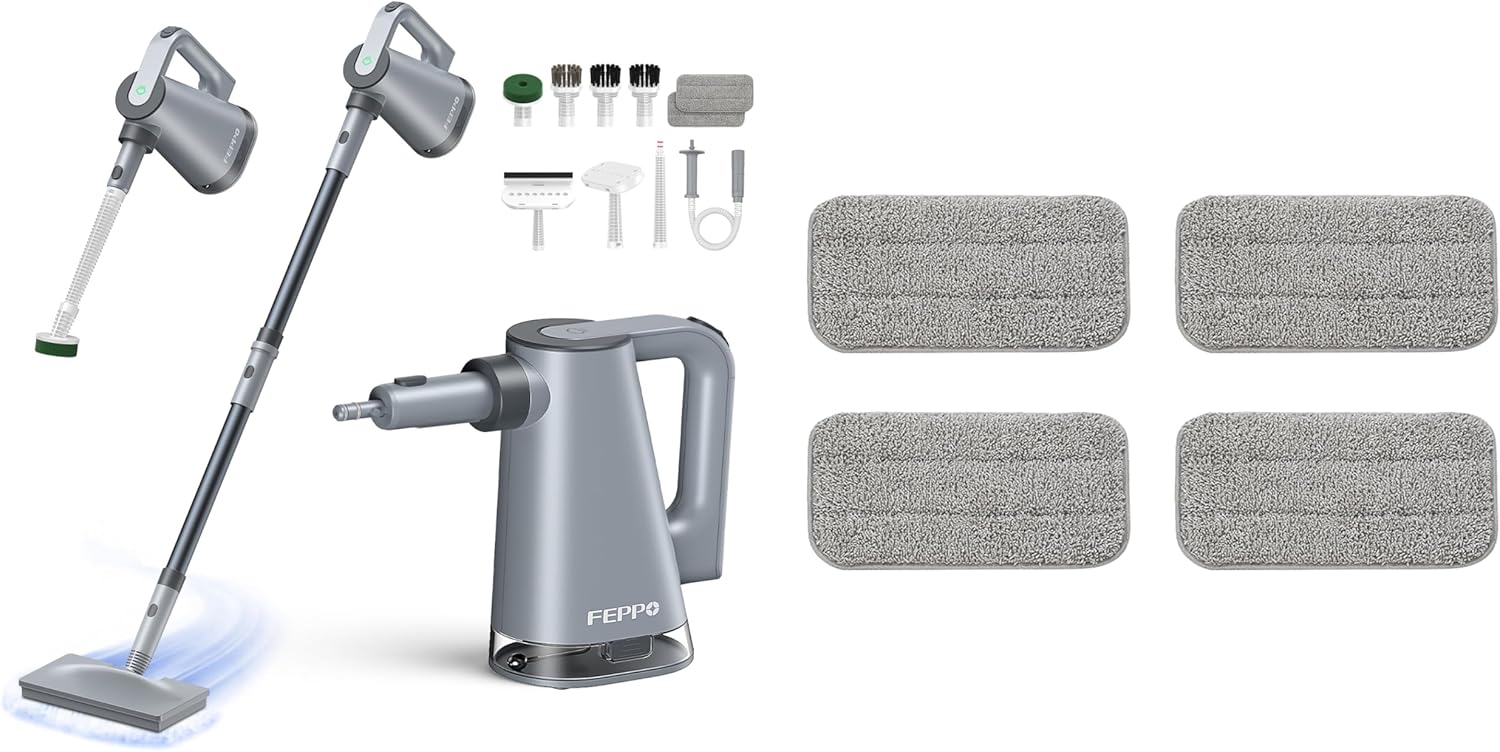 FEPPO 2-in-1 Steam Mop & Handheld Cleaner Bundle with 10-in-1 Accessories & 6 Washable Pads (Includes 4 Extra Pads) - 1300W Powerful Steamer for Floors, Hardwood, Tile, Grout, Windows, Kitchen, Bath