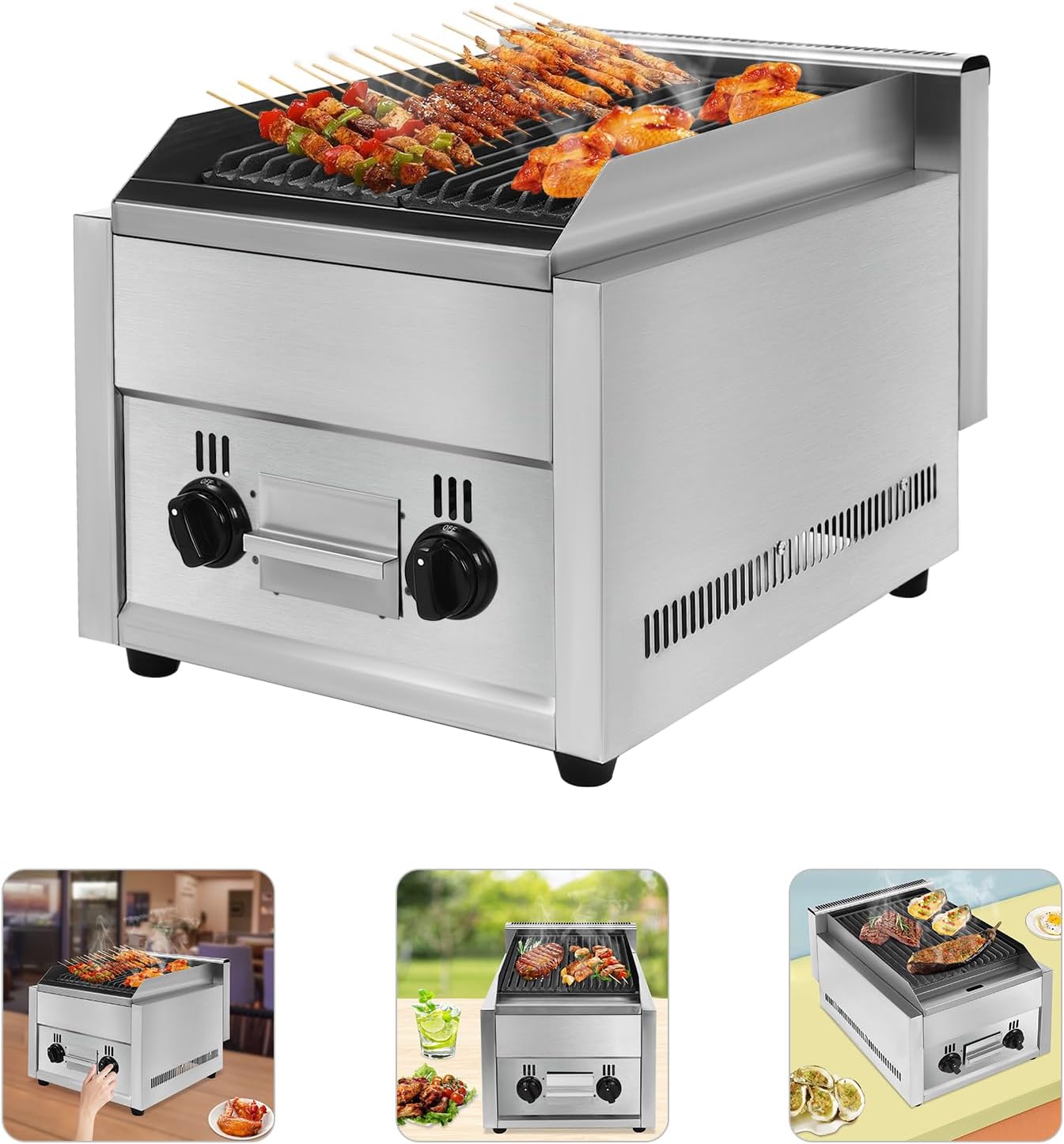 Commercial Gas BBQ Grill, Dual Burner Countertop Gas Grill, Stainless Steel, Large Cooking Area, Adjustable Temperature, Outdoor Barbecue Cooker for Restaurant, Backyard, Patio