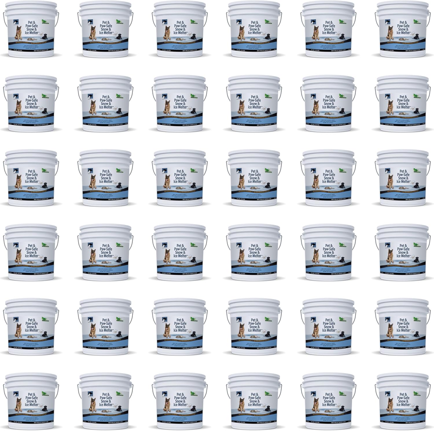 JUST FOR PETS Snow & Ice Melter Safe for Pets & Paws Contains No Toxic Chlorides or Painful to The Paw Rock Salt, Safe for Dogs & Cats. Fast Acting, Works On Contact 36 x 35lbs Buckets Pallet