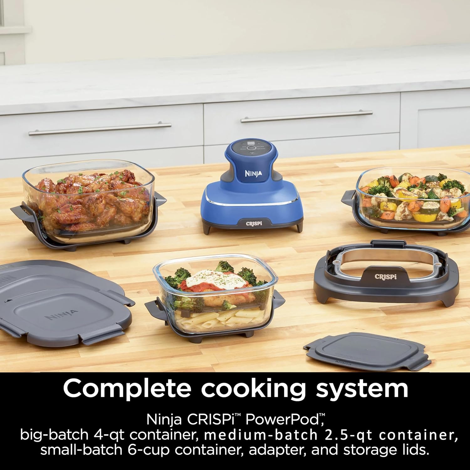 Ninja Crispi 5-in-1 Portable Glass Air Fryer Cooking System, 1500W, 6-Cup, 4-Quart & 2.5-Quart TempWare Containers With Lids, Microwave, Freezer & Dishwasher Safe, Blue, FN103CO