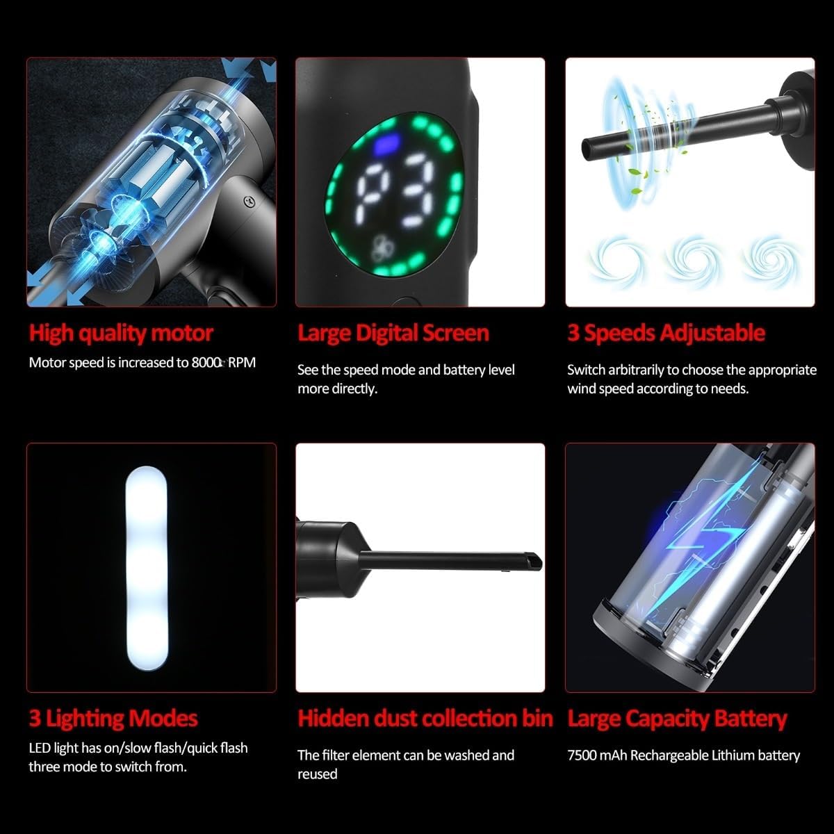 Wireless Handheld Car Vacuum Cleaner Strong Suctio 100W Cordless Air Blower Compressed Air Cleaner with Emergency Light 7500mAh Electric Inflator Cleaning Tool