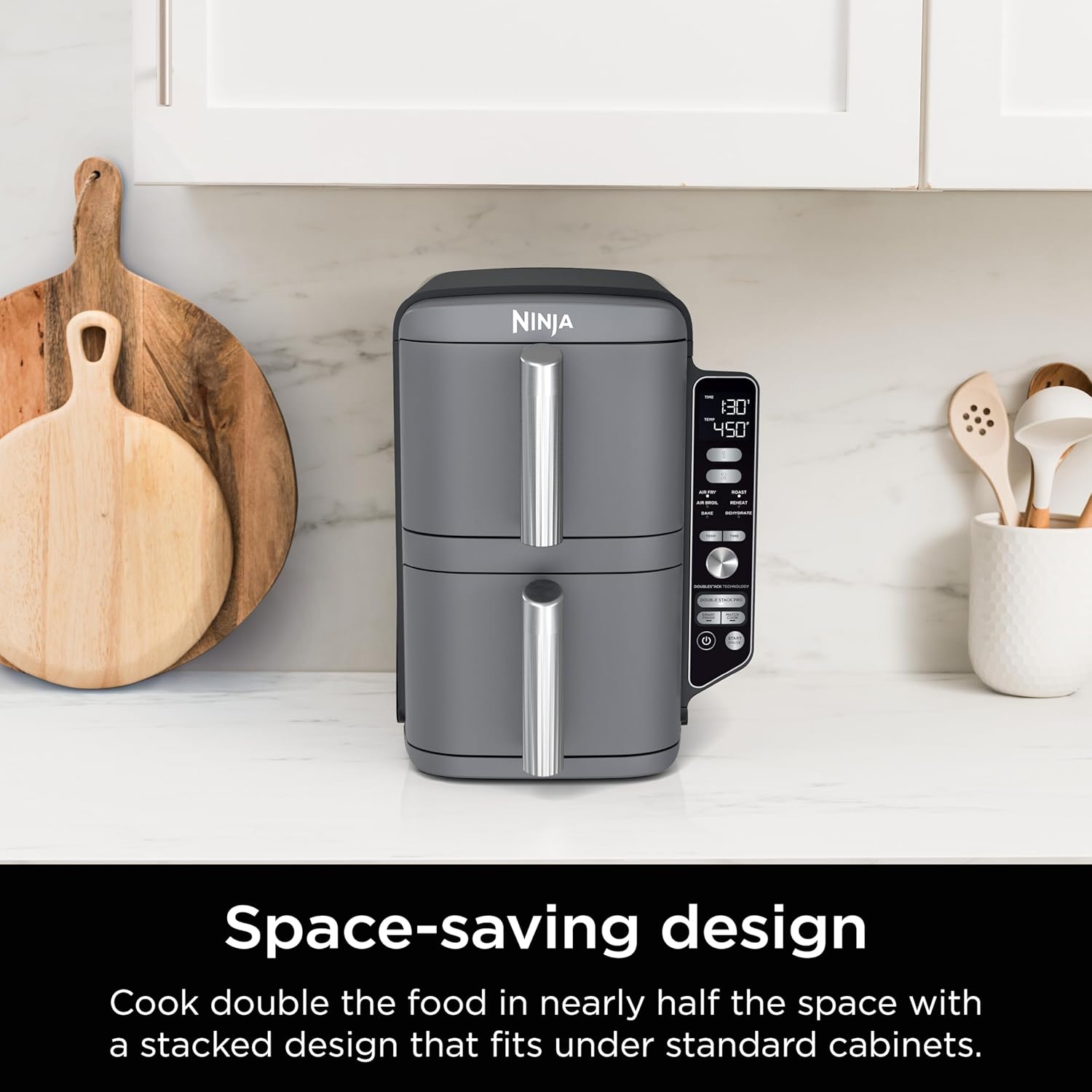 Ninja Air Fryer, 10QT DoubleStack XL 2-Basket, Compact Design, Cooks 5lb Whole Chicken, Feeds Up to 8 People, 6-in-1 Air Fryer, Roast, Bake & More, Easy to Clean, Dishwasher Safe Parts, Grey, SL401