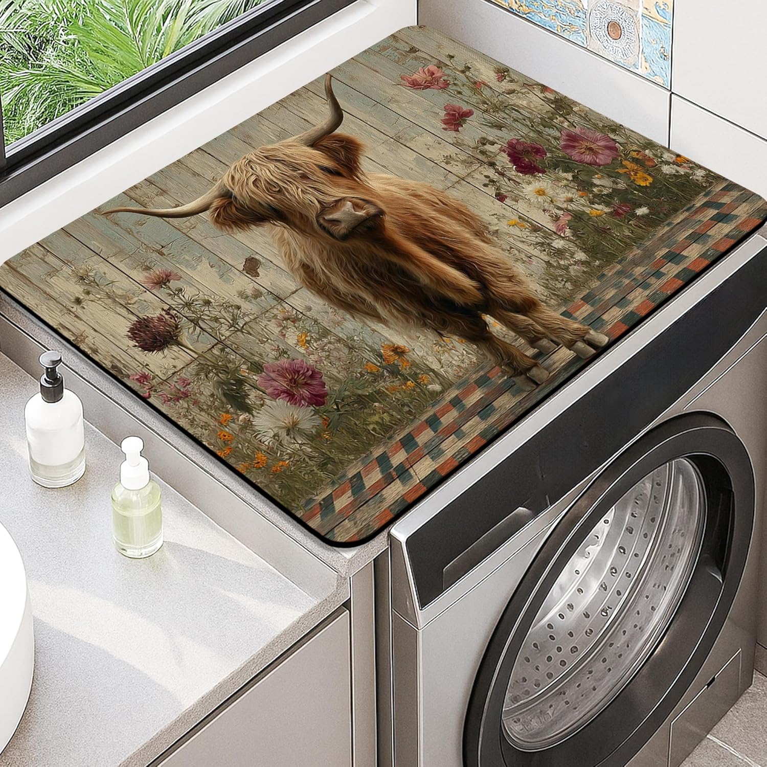 Highland Cow Washer Dryer Top Protector Mat, Vintage Rustic Floral Laundry Machine Dust Cover, Autumn Rubber Anti-slip Waterproof Mats for Home 20x24 Inch