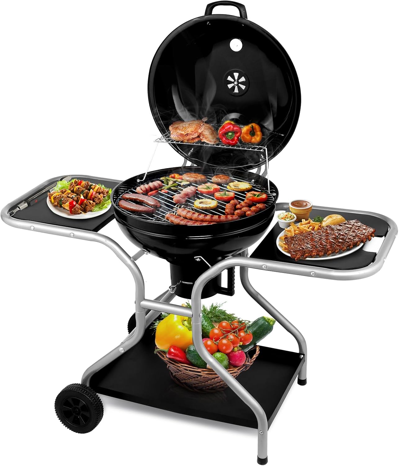22.5 inch Kettle Charcoal Grill with Side Table&Ash Catcher, Portable Round Barbecue Grill with Wheels for Outdoor, Great for Small Patio Backyard, Camping, Picnics, Backyard BBQs, Black