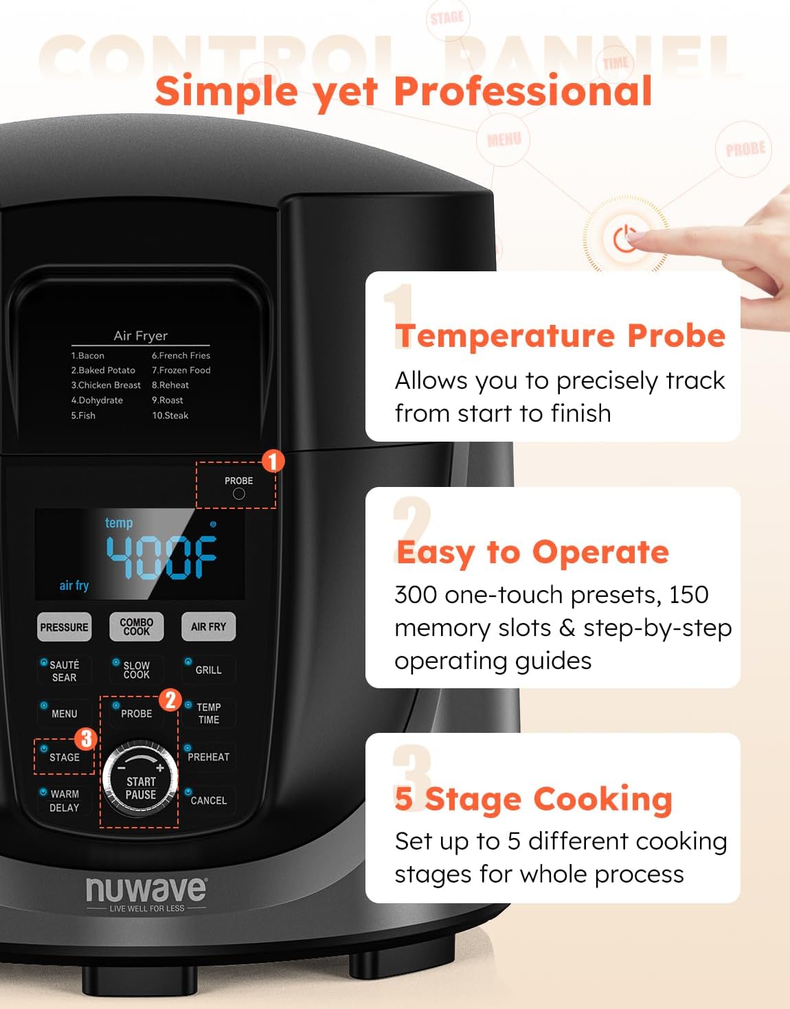 Nuwave Duet Electric Pressure Cooker & Air Fryer Combo, 450 IN 1 Slow Cooker & Grill with Integrated Digital Temp Probe, 6qt SS Pot, Adjustable High/Low Pressure, Built-in Sure-Lock Safety Tech
