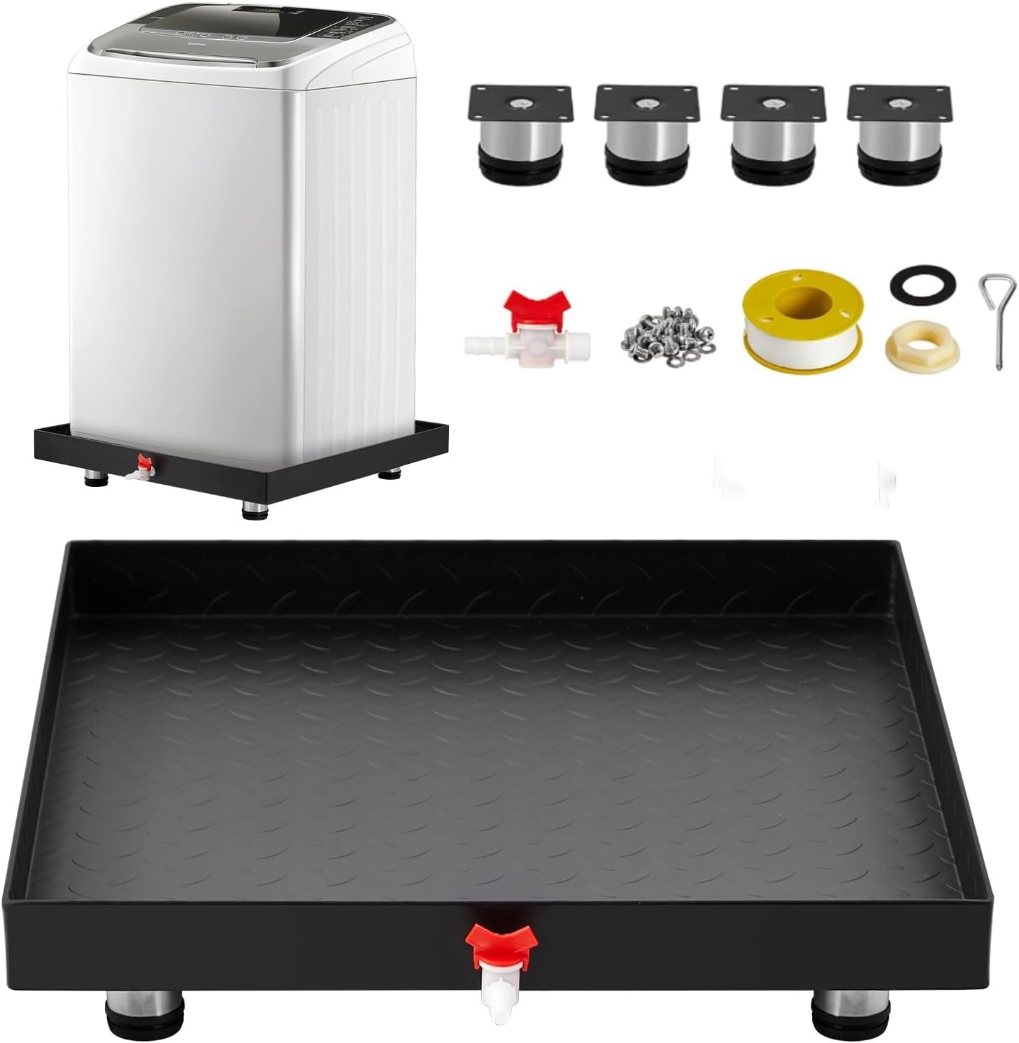 Heavy-Duty Carbon Steel Washing Machine Pan 27 x 25 Inch with 4 Anti-Vibration Feet and Drain Hole, Rust-Proof Leak Protection Tray for Floor Damage Prevention