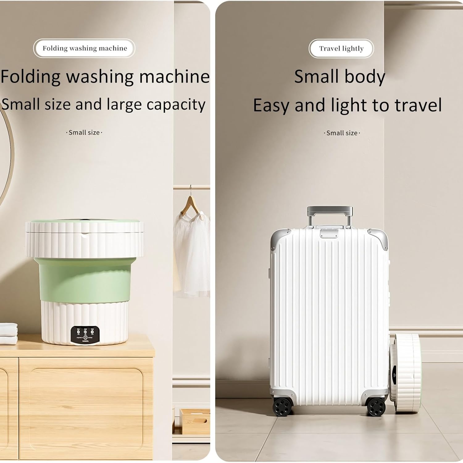 Portable Washing Machine, Foldable Mini Washing Machine, with Soft Spin Dry and Drainage Pipe, for Apartment, Laundry, Camping, Rv, Travel (Color : Beige)