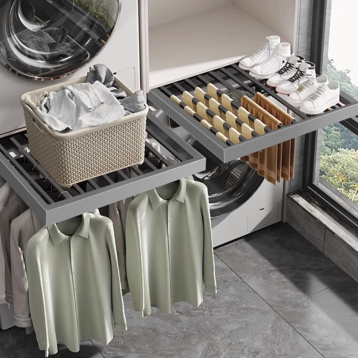 Pull-Out Trouser Rack Above Washing Machine, Hidden Aluminum Alloy Drying Rack, Adjustable Width, Suitable for Bedroom, Cloakroom, Laundry Room(760-810mm)