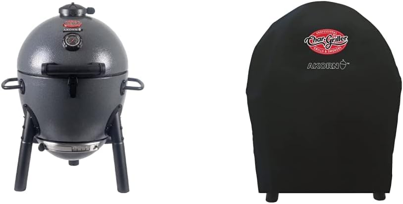Char-Griller E86714 AKORN Jr. Kamado, Ash Portable Charcoal Grill and Char-Griller 6659 AKORN Jr. Portable Kamado Charcoal Grill Cover, Black